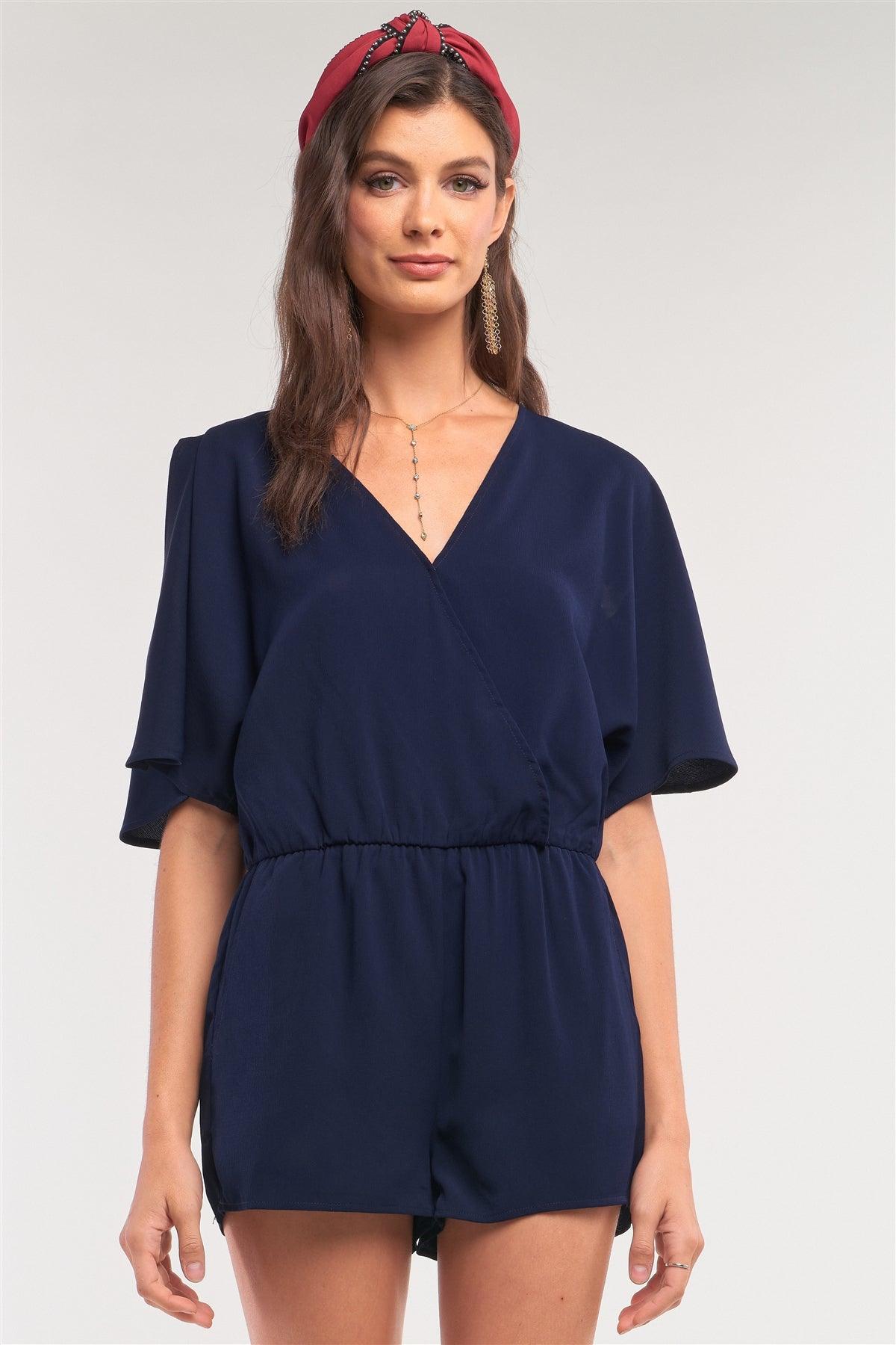 Navy V-Neck Wrap Self-Tie Back Flare Two Side Slip Sleeve Romper  /1-2-1