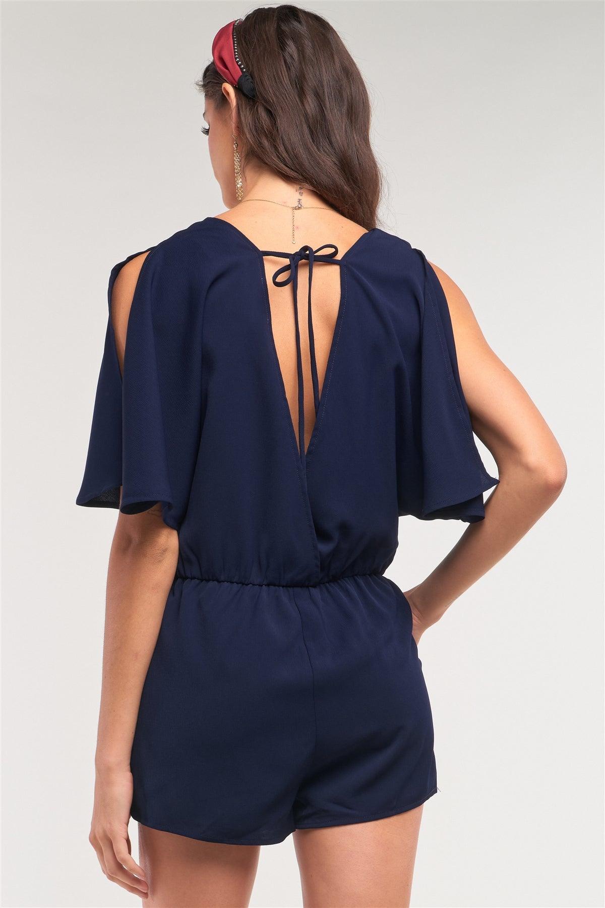 Navy V-Neck Wrap Self-Tie Back Flare Two Side Slip Sleeve Romper  /1-2-1