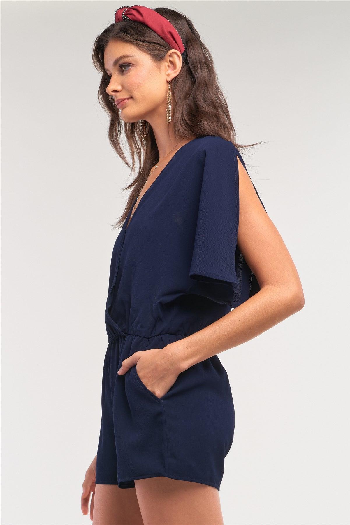 Navy V-Neck Wrap Self-Tie Back Flare Two Side Slip Sleeve Romper  /1-2-1