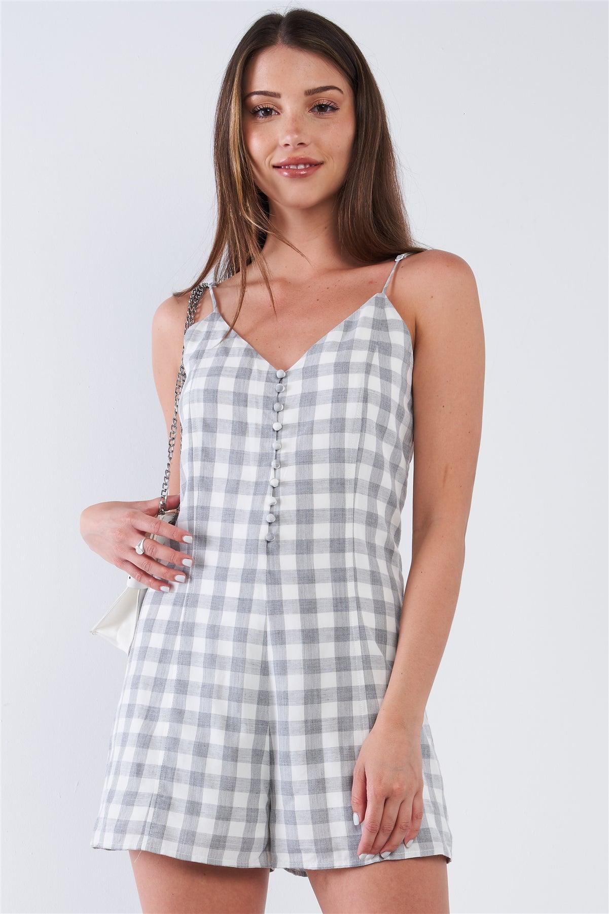 White and Grey Checkered V-Neck Sleeveless Midway Button Down Romper /1-2-2-1