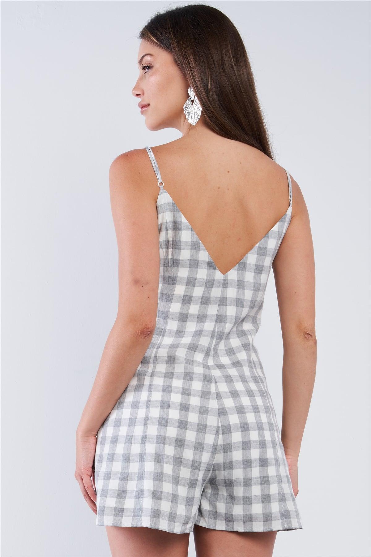 White and Grey Checkered V-Neck Sleeveless Midway Button Down Romper /1-2-2-1