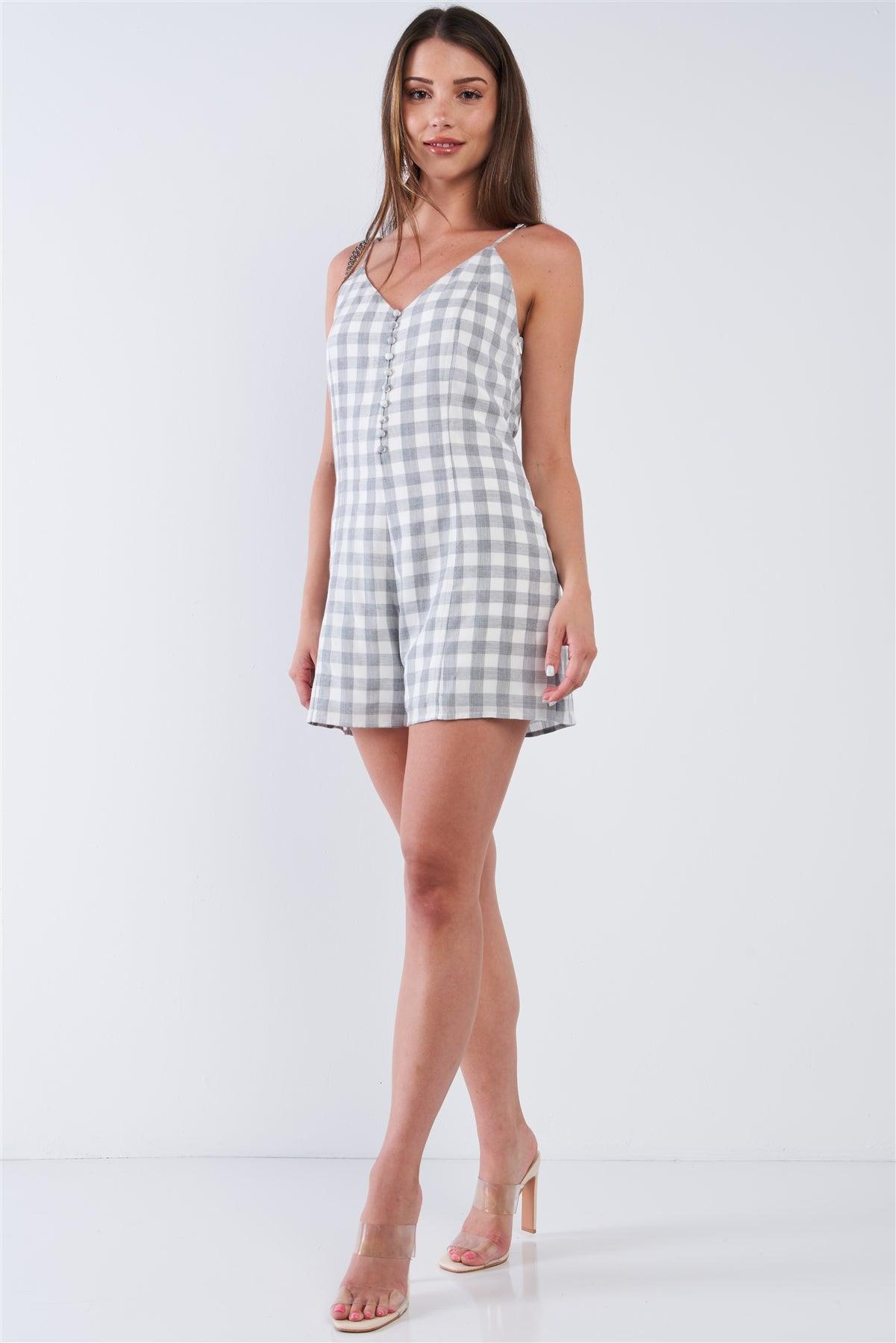 White and Grey Checkered V-Neck Sleeveless Midway Button Down Romper /1-2-2-1