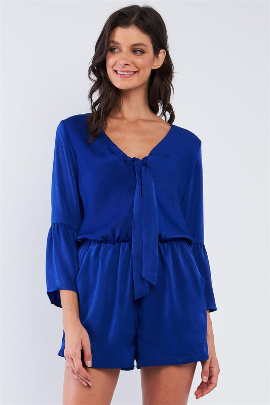 Cobalt Blue Satin Deep Plunge Self-Tie V-Neck Button Down Long Bluebell Sleeve Romper /1-2-2-1