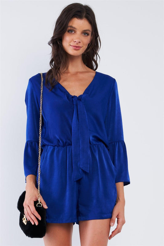 Cobalt Blue Satin Deep Plunge Self-Tie V-Neck Button Down Long Bluebell Sleeve Romper /2-2-2-1