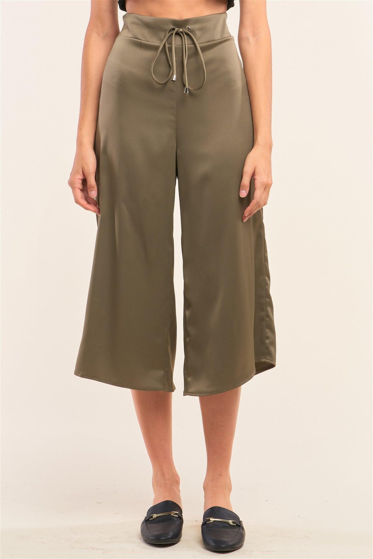 Olive Satin High Waisted Metallic Tip String Tie Flare Capri Pants /1-2-2-1