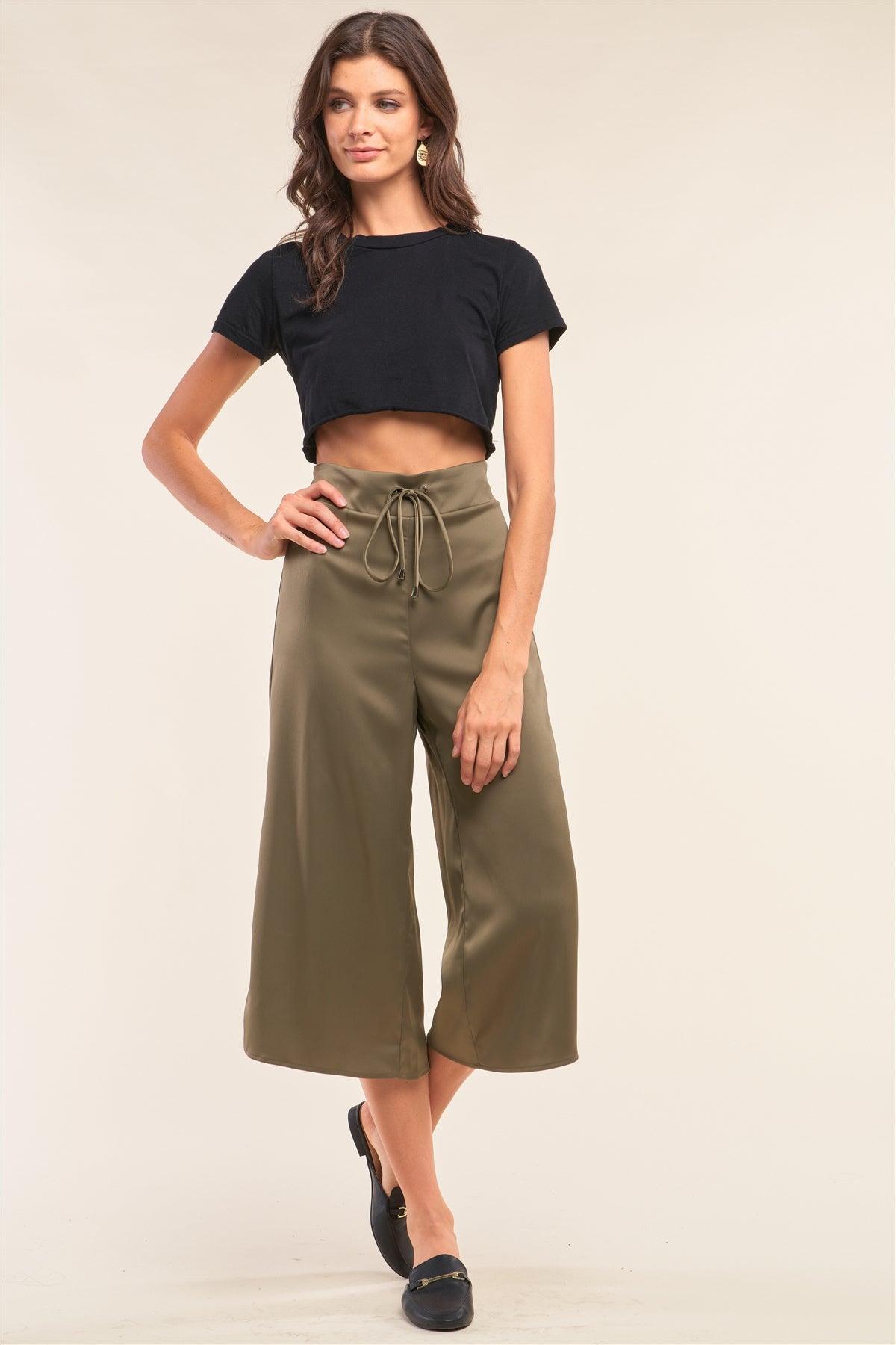 Olive Satin High Waisted Metallic Tip String Tie Flare Capri Pants /1-2-2-1