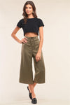 Olive Satin High Waisted Metallic Tip String Tie Flare Capri Pants /1-3-3