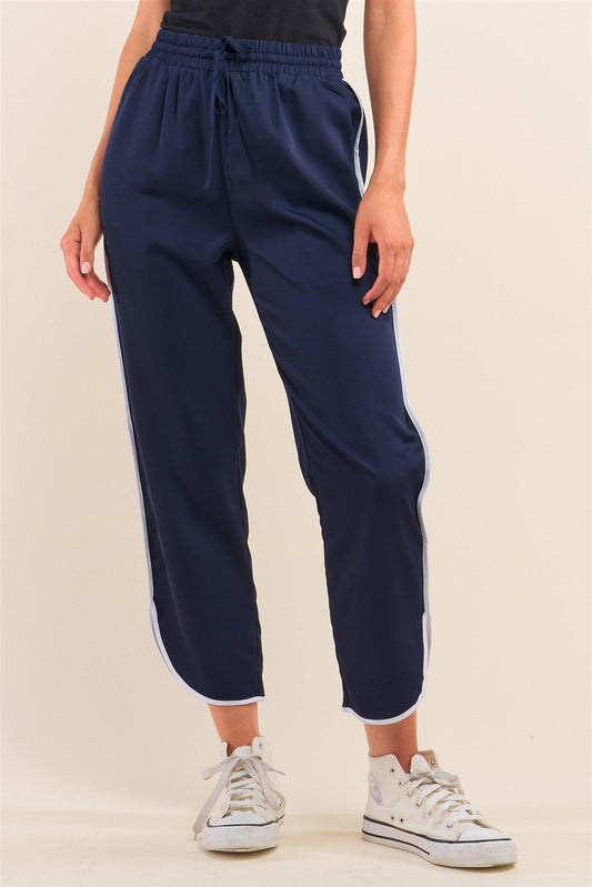 Navy Blue Self-Tie High Waist Asymmetrical Hem Joggers With Front Pockets /1-2-2-1