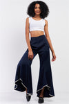 Navy Satin High Waisted Retro Flare Asymmetrical White Detail Hem Pants /1-2-2-1