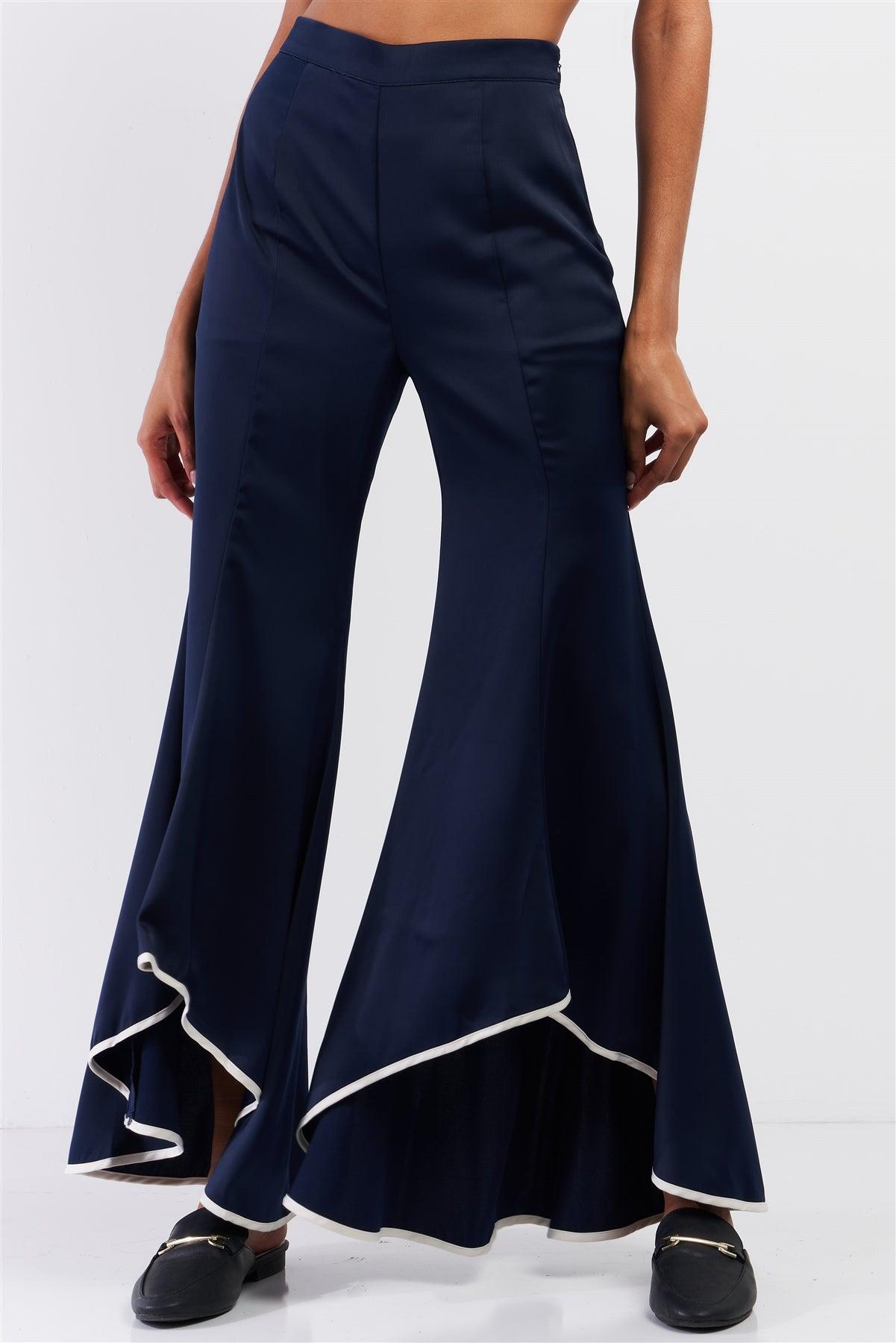 Navy Satin High Waisted Retro Flare Asymmetrical White Detail Hem Pants /1-2-2-1