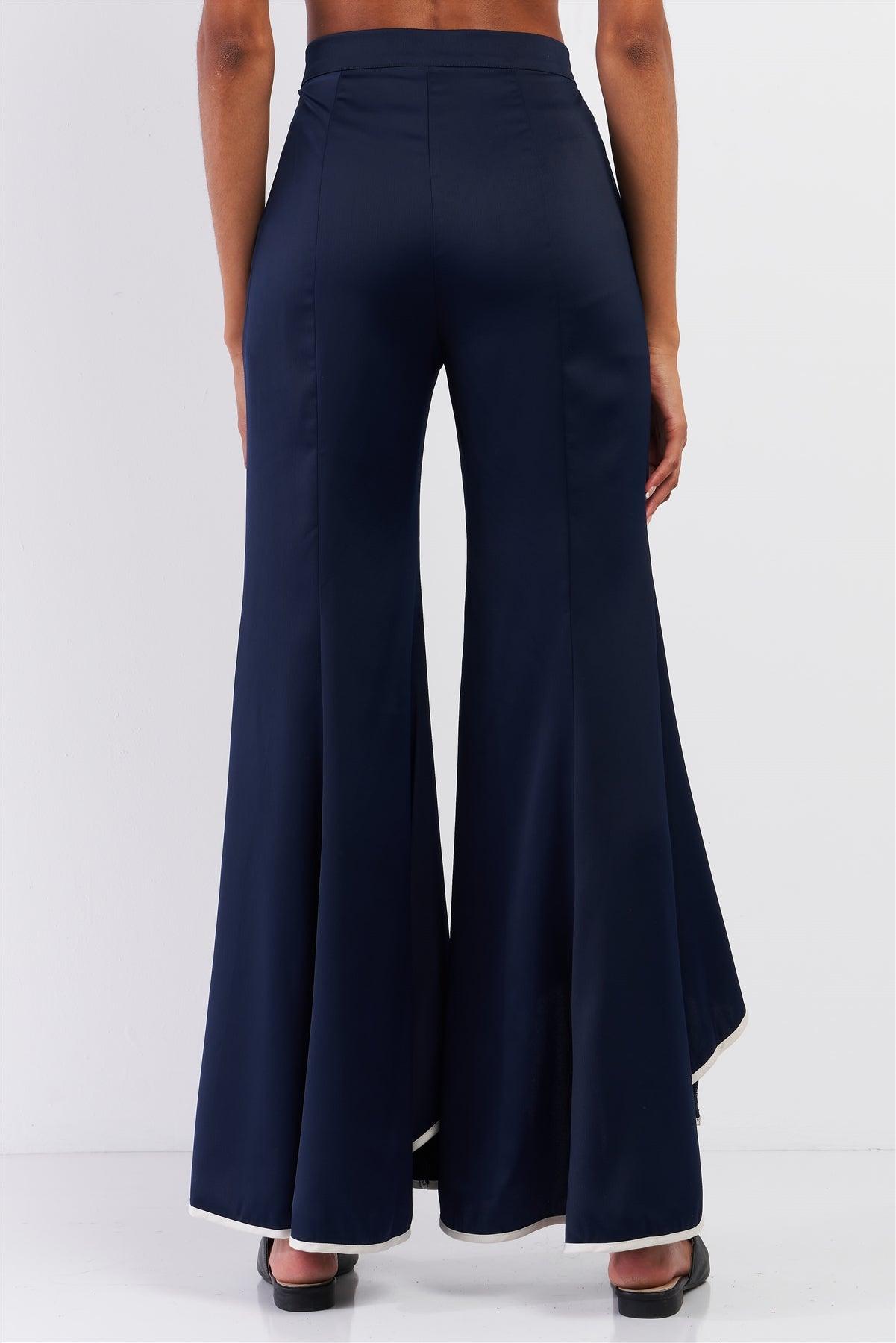 Navy Satin High Waisted Retro Flare Asymmetrical White Detail Hem Pants /1-2-2-1