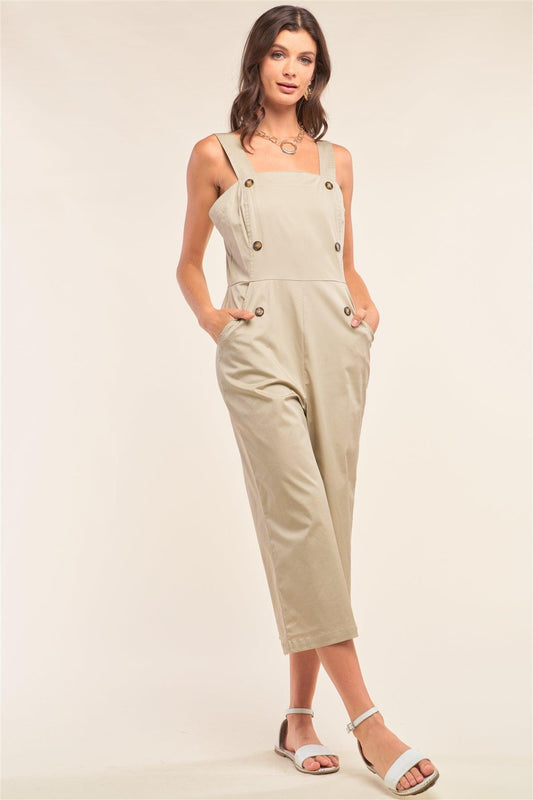 Taupe Button-Front Sleeveless Wide Leg Jumpsuit/1-2-2-1