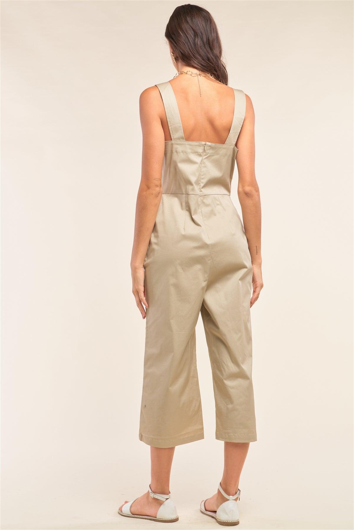 Taupe Button-Front Sleeveless Wide Leg Jumpsuit/1-2-2-1