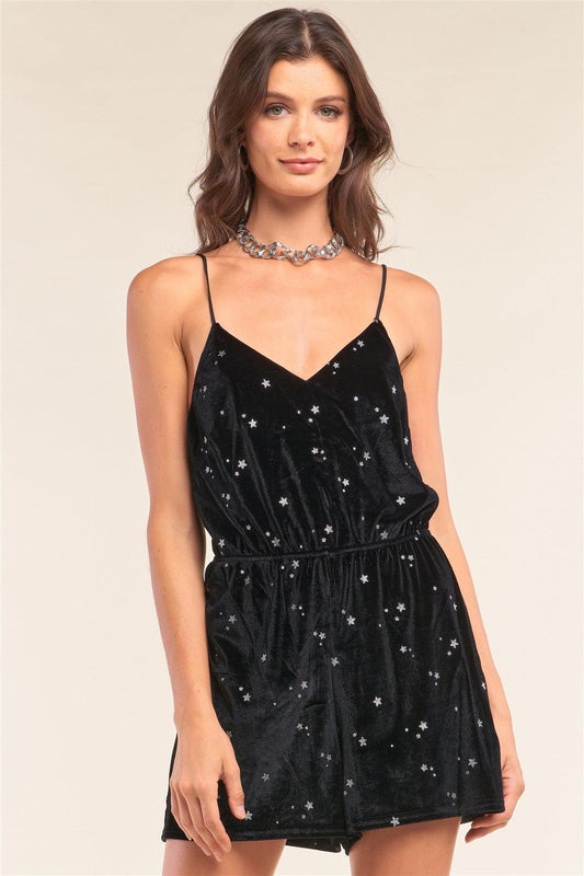 Reach The Stars Black & Silver Velvet Star Print V-Neck Open Back Spaghetti Strap Romper /1-2-2-1