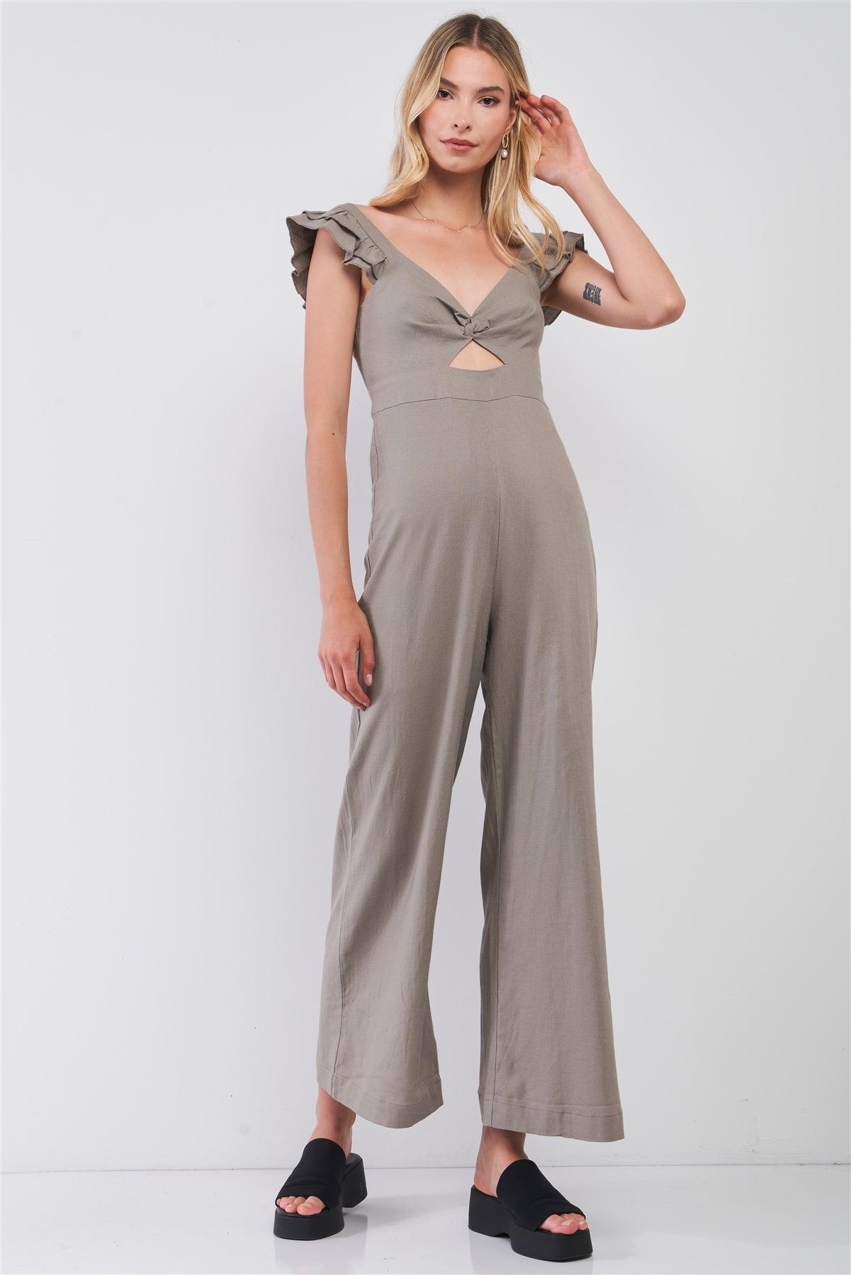 Taupe Linen V-Neck Sleeveless Ruffle Shoulder Detail Wide Leg Jumpsuit /2-2-1