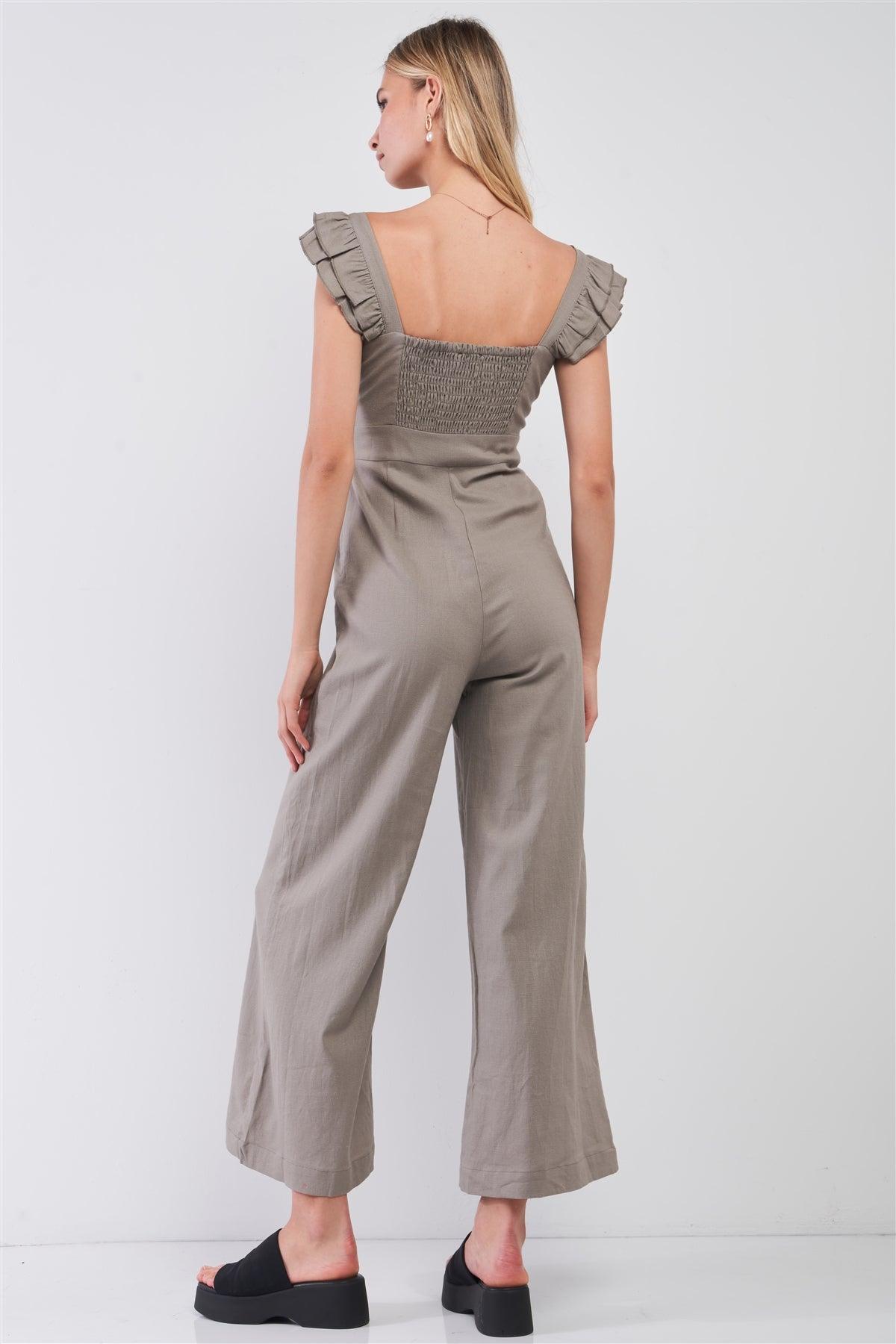 Taupe Linen V-Neck Sleeveless Ruffle Shoulder Detail Wide Leg Jumpsuit /2-2-1