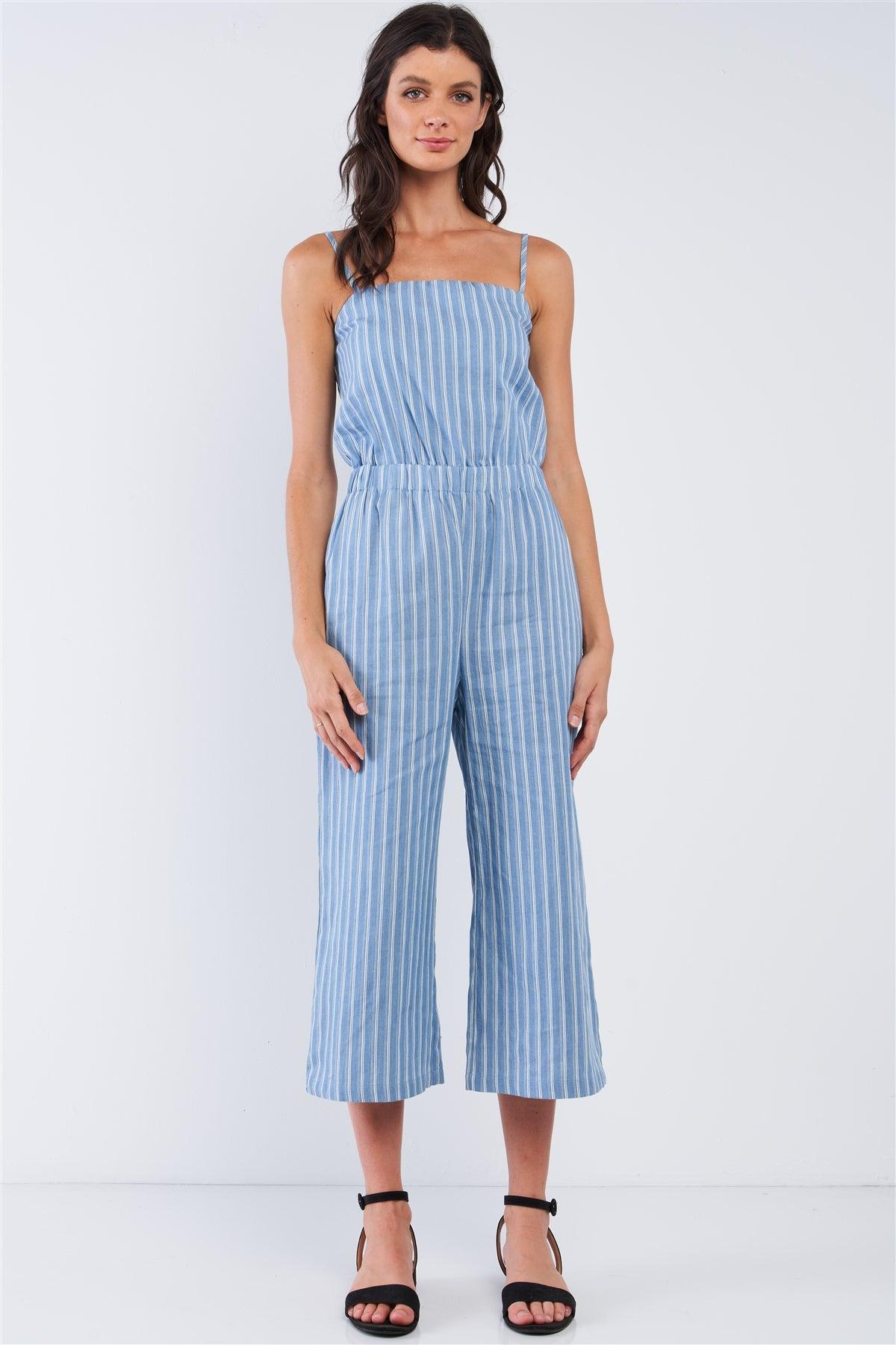 Vacation Vibe Blue And White Striped Sleeveless Stretchy Waistline Smock Back Detail Wide Leg Jumpsuit /1-1-2-1