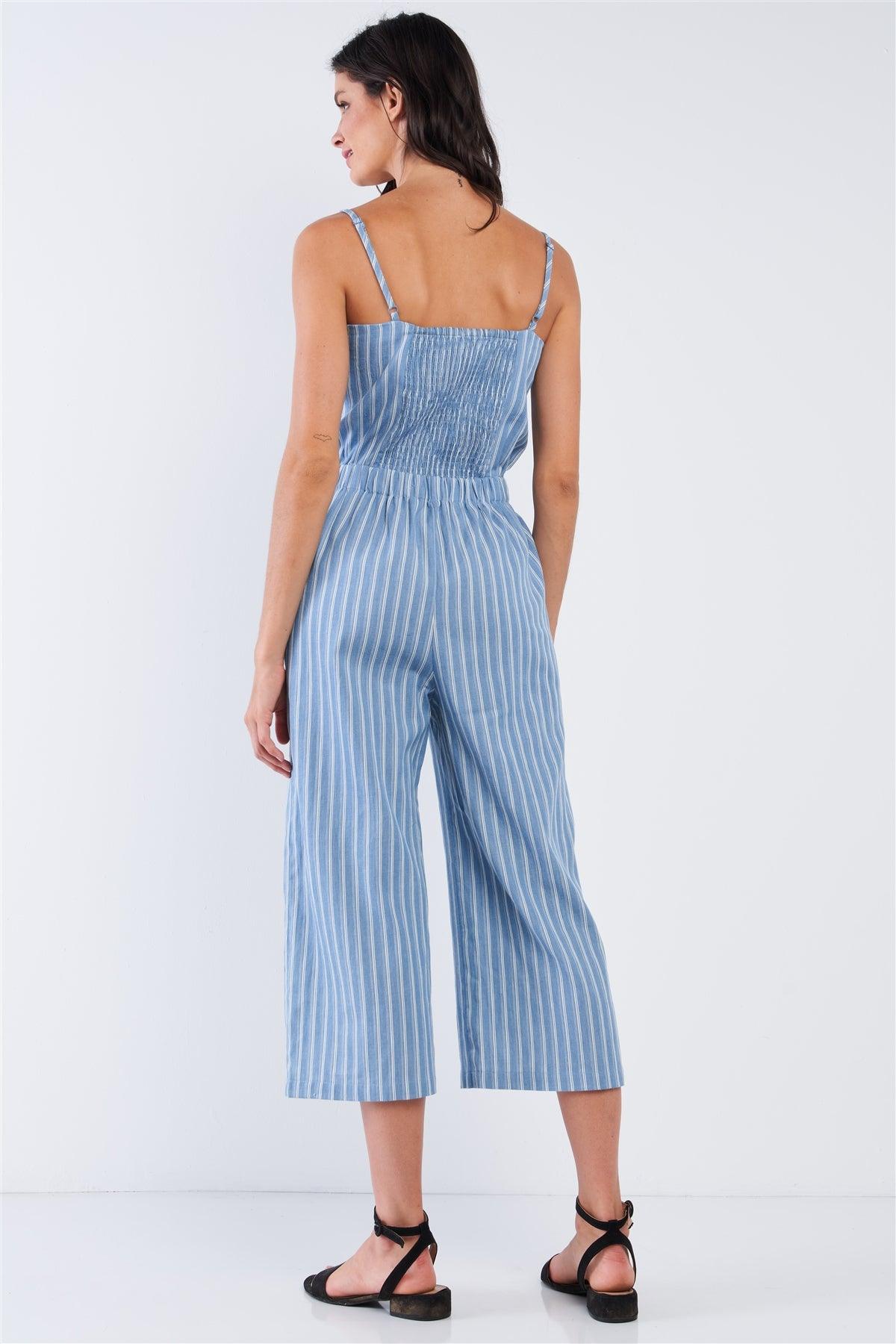 Vacation Vibe Blue And White Striped Sleeveless Stretchy Waistline Smock Back Detail Wide Leg Jumpsuit /1-1-2-1