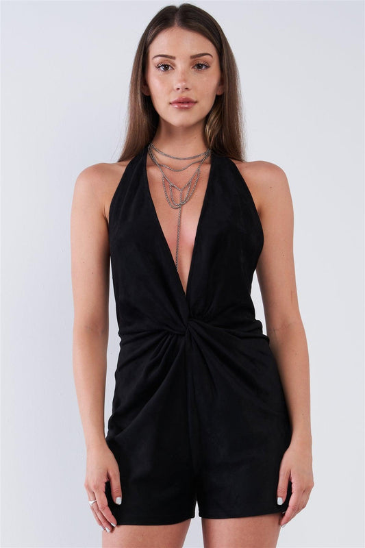 Solid Black Suede Twisted Knot Front Detail Sleeveless Open Back Deep Plunge Halter V-Neckline Romper /1-1-2-1