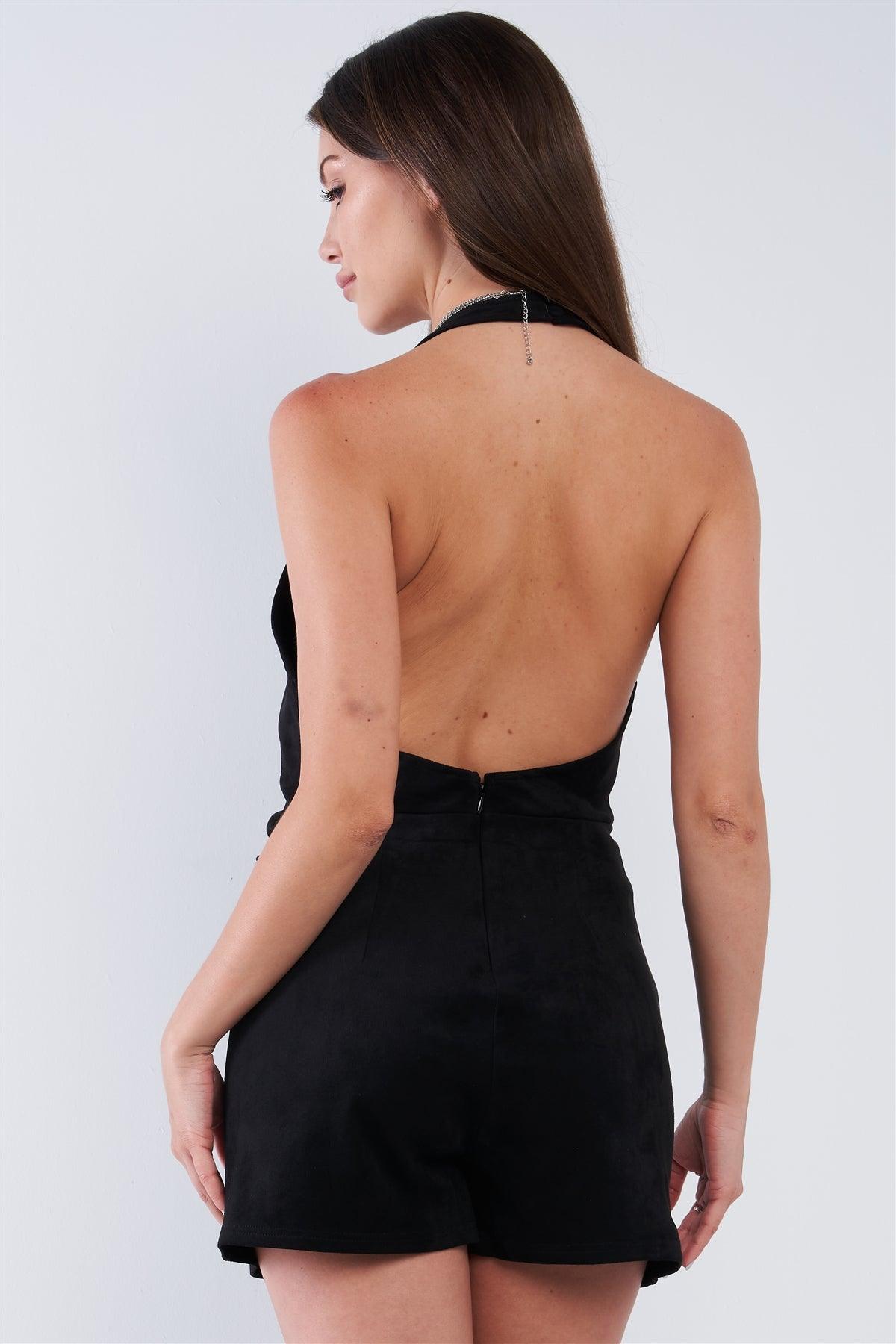 Solid Black Suede Twisted Knot Front Detail Sleeveless Open Back Deep Plunge Halter V-Neckline Romper /1-1-2-1