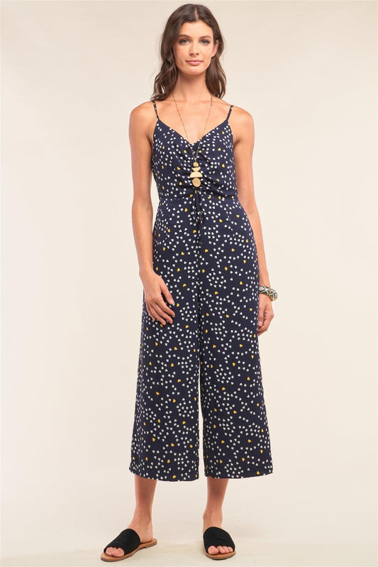 Collecting Hearts Navy Heart Print Sleeveless V-Neck Gathered Chest Draw String Tie Detail Wide Leg Jumpsuit /1-2-2-1