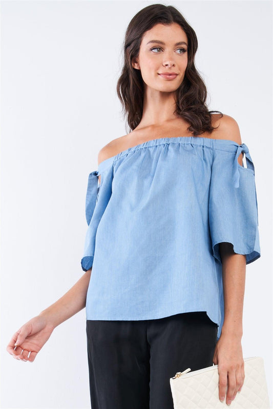 Light Blue Denim Off The Shoulder Mid-Sleeve Knotted Relaxed Fit Top /1-2-2-1