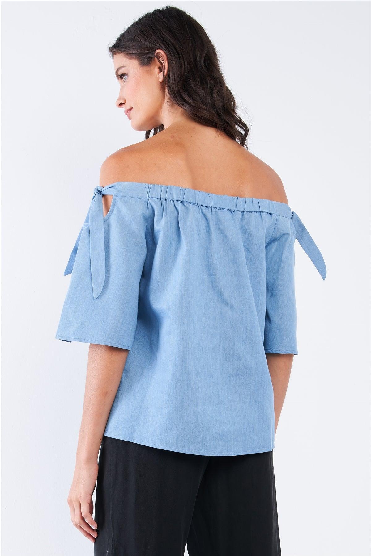 Light Blue Denim Off The Shoulder Mid-Sleeve Knotted Relaxed Fit Top /1-2-2-1