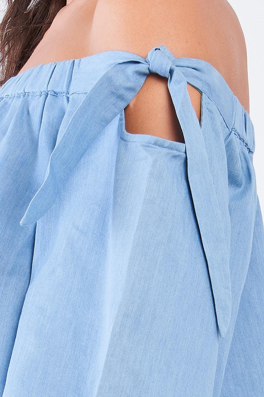 Light Blue Denim Off The Shoulder Mid-Sleeve Knotted Relaxed Fit Top /1-2-2-1