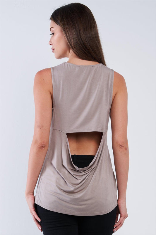 Taupe Grey Cut Out Back Relaxed Fit Crew-Neck Sleeveless Casual Tunic Top /1-2-2-1