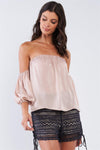 Solid Tan Beige Elegant Satin Loose Fit Off-The-Shoulder Balloon Midi Sleeve Cropped Top/1-2-2-1