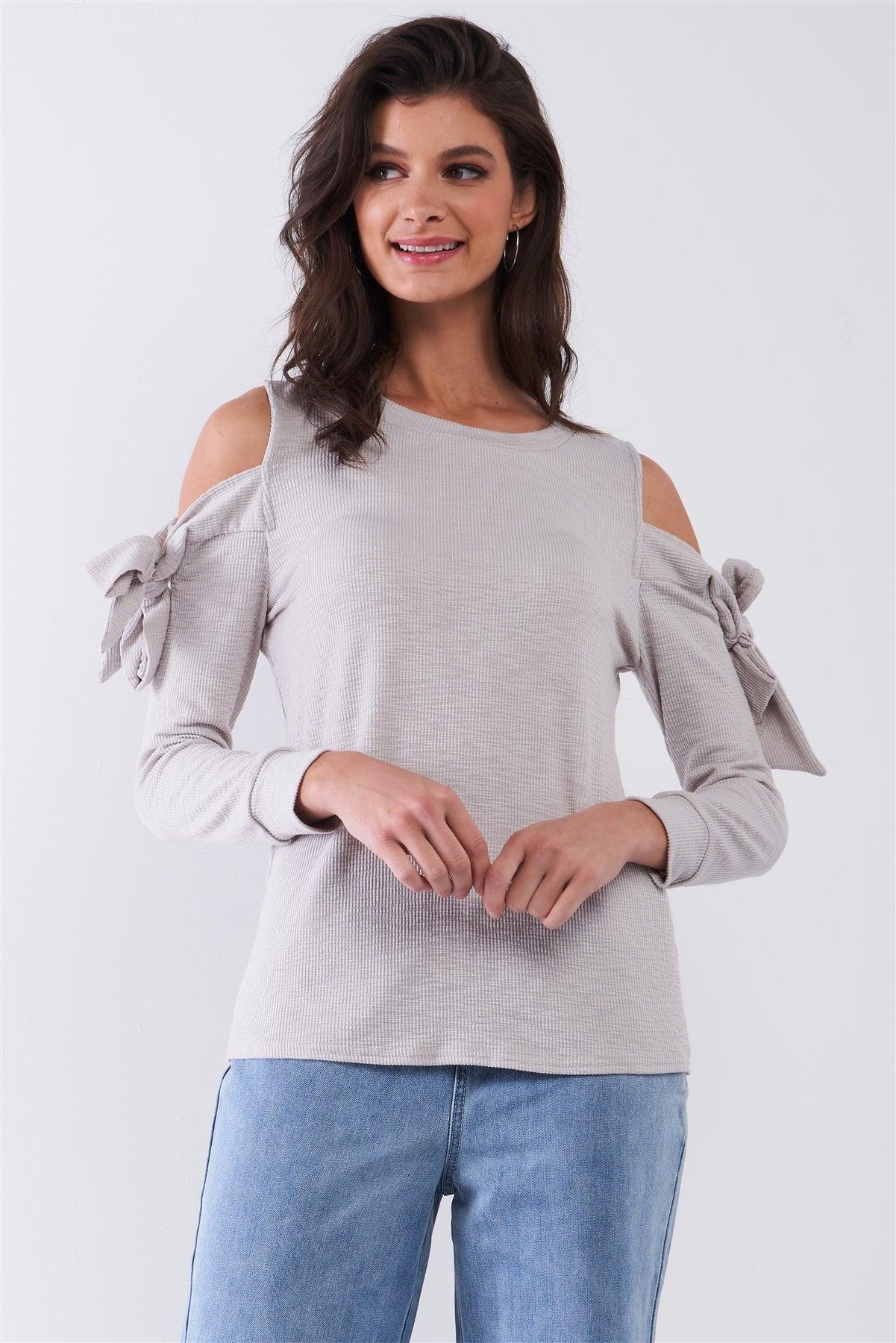 Heather Grey Ribbed Self-Tie Cut-Out Shoulder Round Neck Lounge Top /1-2-1