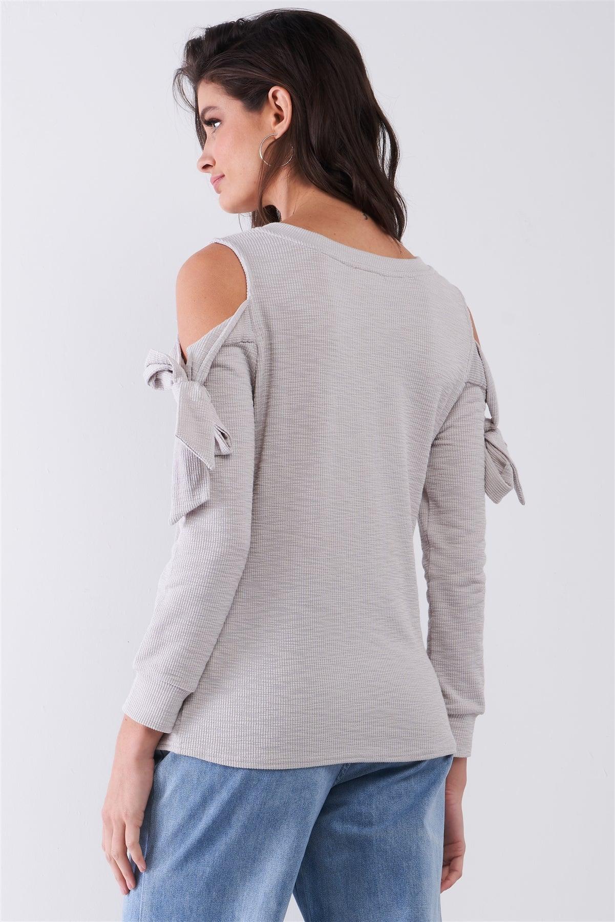 Heather Grey Ribbed Self-Tie Cut-Out Shoulder Round Neck Lounge Top /1-2-1