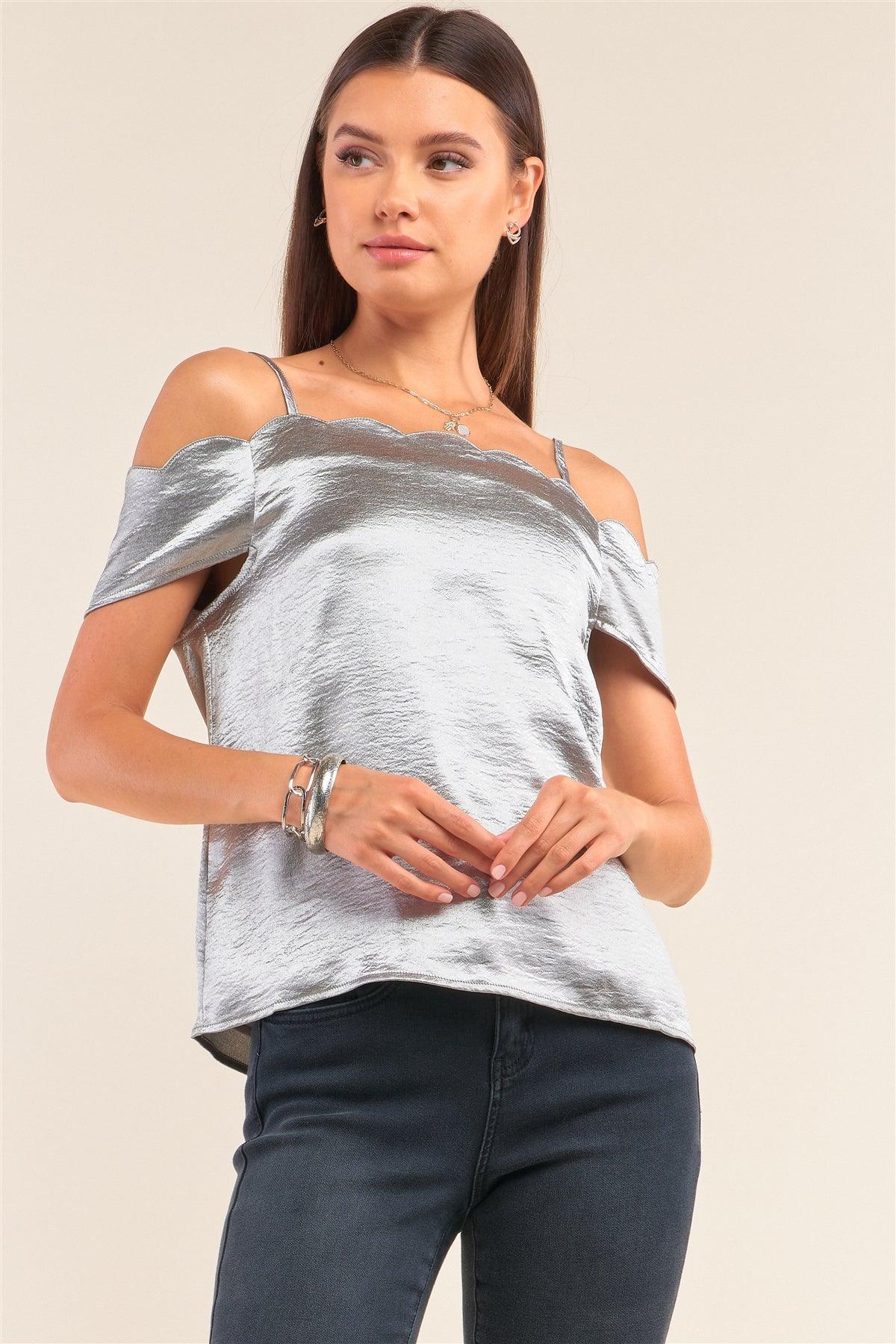 Metallic Silver Satin Off-The-Shoulder Scallop Hem Babydoll Top /1-2-2-1