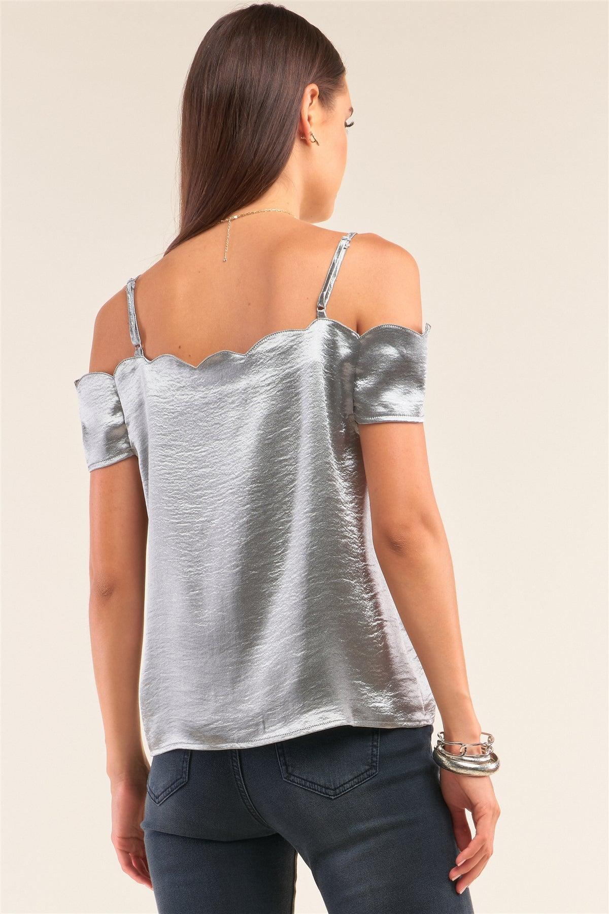 Metallic Silver Satin Off-The-Shoulder Scallop Hem Babydoll Top /1-2-2-1