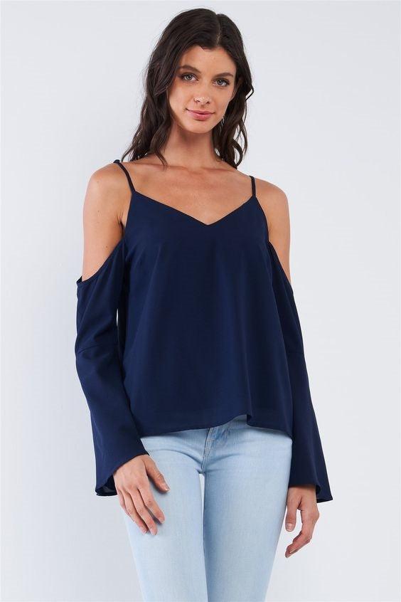 Navy Blue Relaxed Fit V-Neck Off-The-Shoulder Long Trumpet Sleeve Top /2-1-2