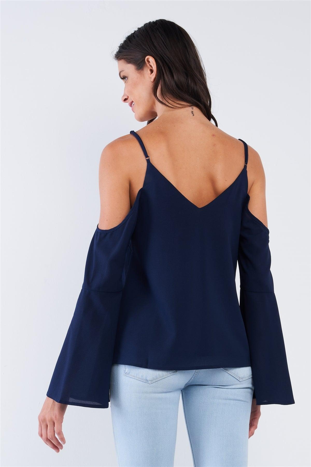 Navy Blue Relaxed Fit V-Neck Off-The-Shoulder Long Trumpet Sleeve Top /2-1-2