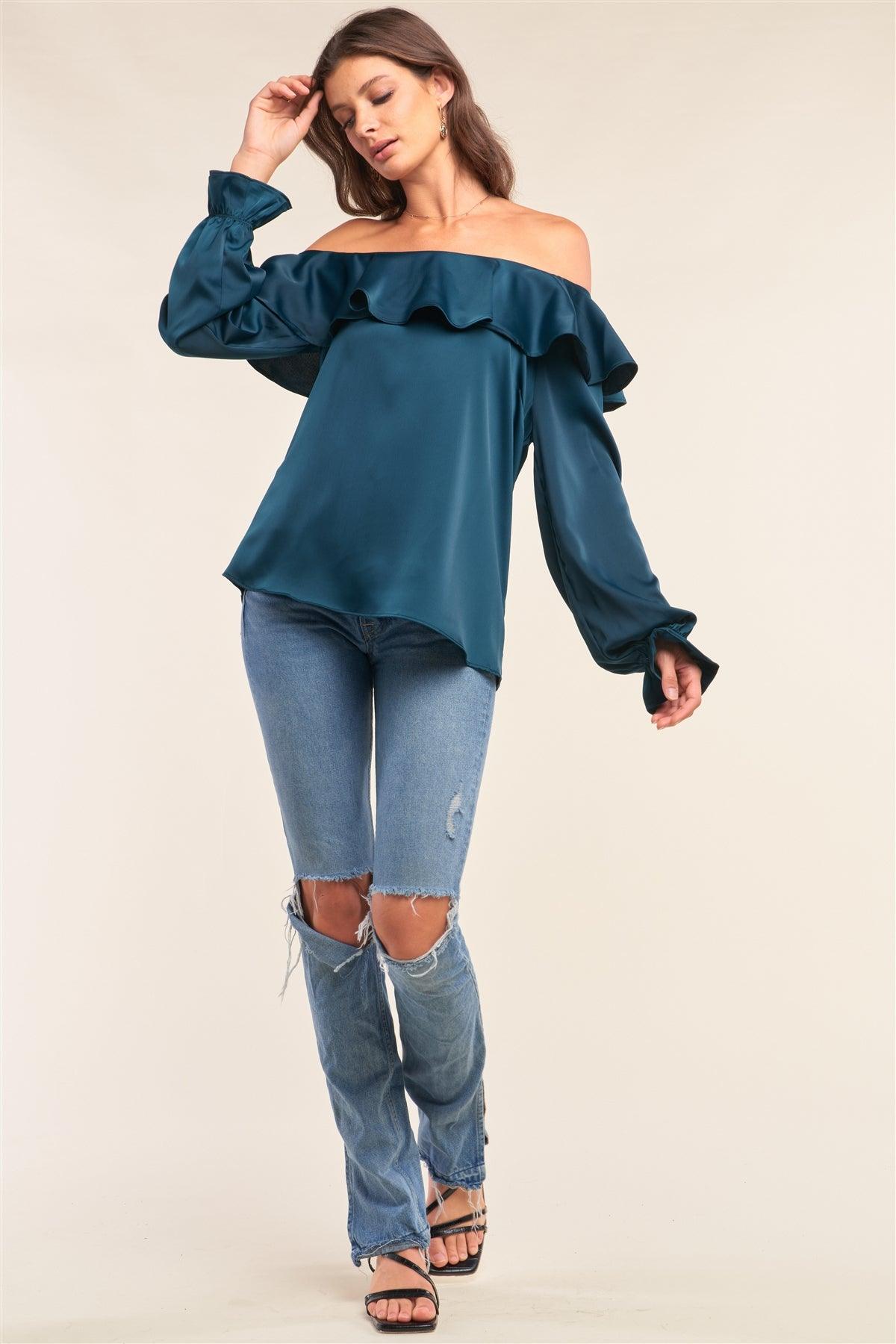 Royal Green Satin Off-The-Shoulder Flare Hem Long Sleeve Relaxed Fit Blouse /1-2-2