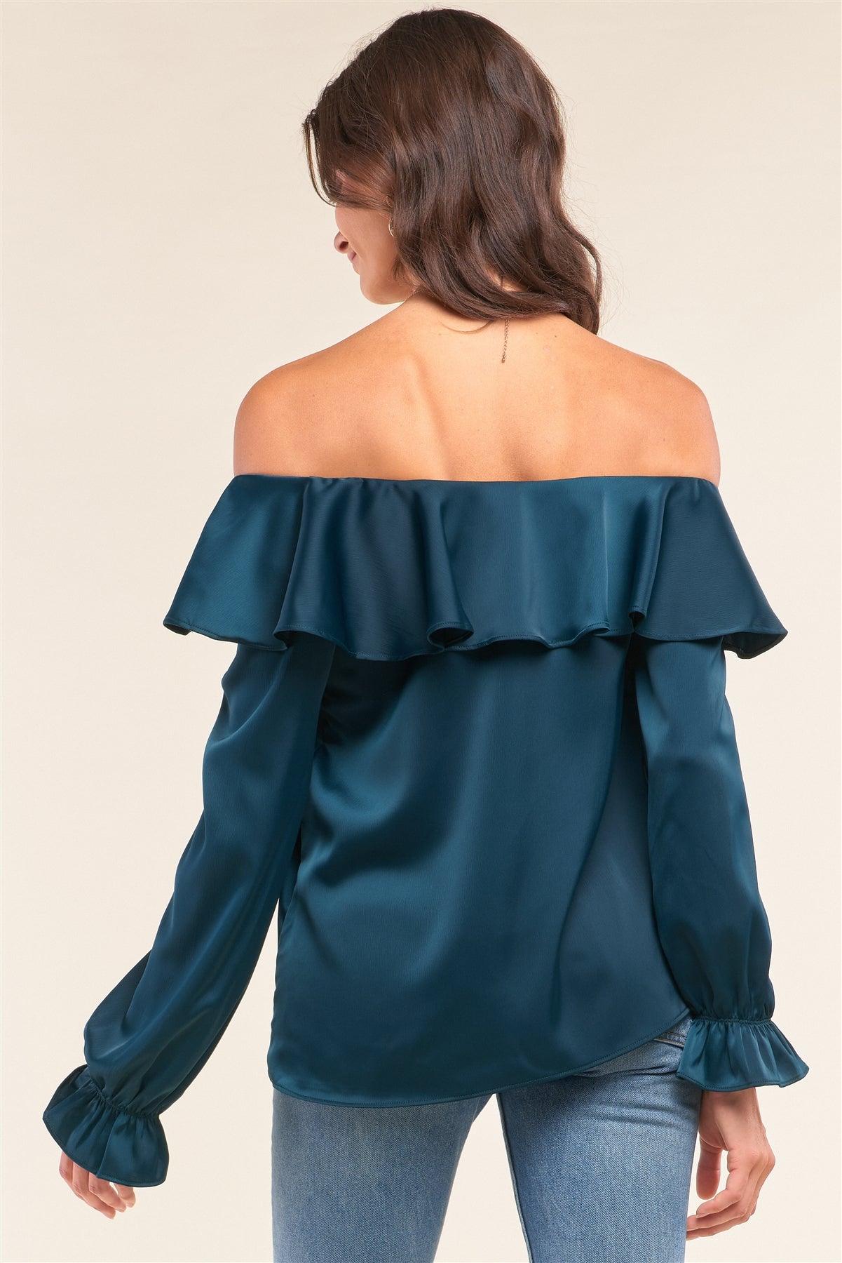 Royal Green Satin Off-The-Shoulder Flare Hem Long Sleeve Relaxed Fit Blouse /1-2-2