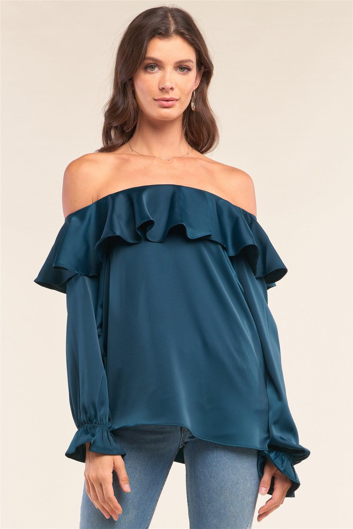 Royal Green Satin Off-The-Shoulder Flare Hem Long Sleeve Relaxed Fit Blouse /1-2-2