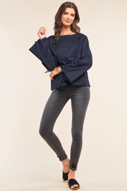 Dark Blue Bateau Neck Relaxed Fit Draw String Gathering Flare Sleeve Detail Top /1-2-2-1