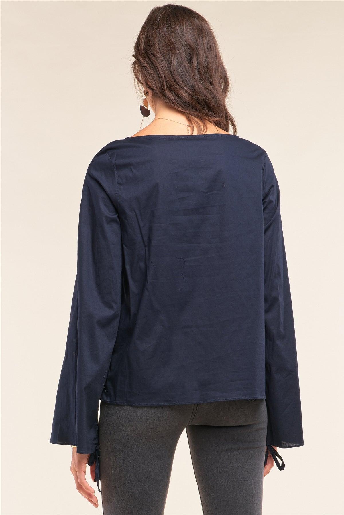 Dark Blue Bateau Neck Relaxed Fit Draw String Gathering Flare Sleeve Detail Top /1-2-2-1