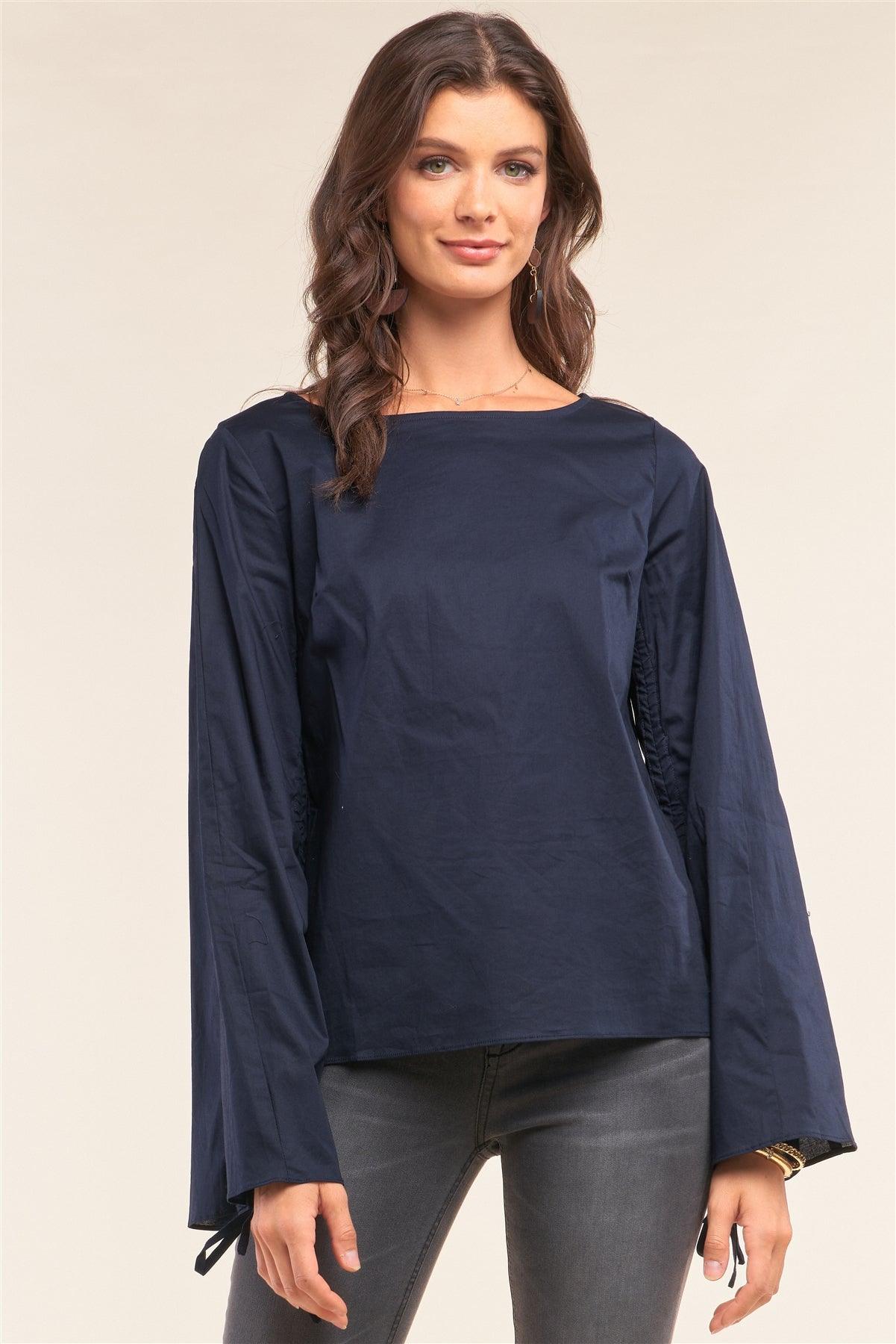 Dark Blue Bateau Neck Relaxed Fit Draw String Gathering Flare Sleeve Detail Top /1-2-2-1