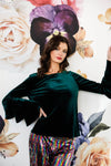 Green Velvet Ruffled Long Sleeve Relaxed Top /1-2-2-1