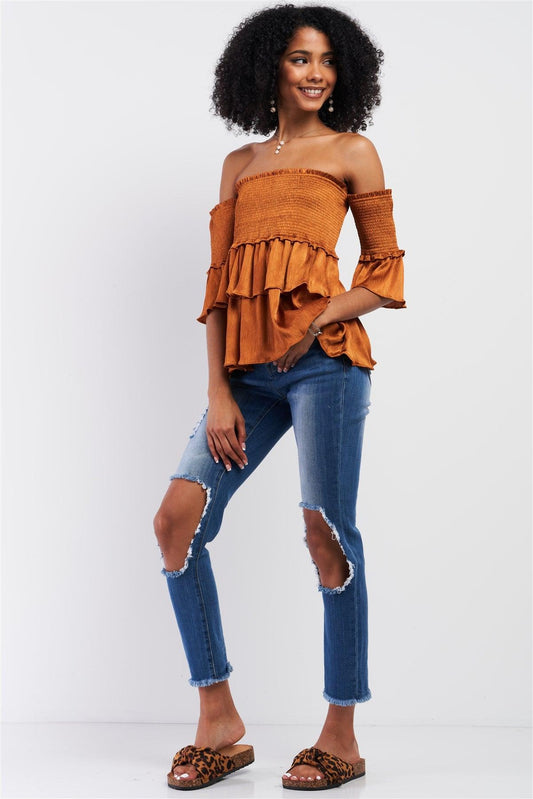 Amber Satin Off-The-Shoulder Midi Sleeve Layered Flare Hem Crumpled Effect Smoked Top /1-2-1