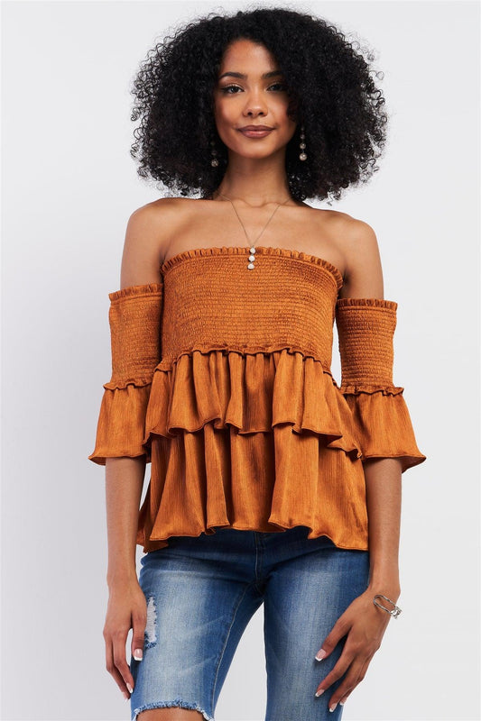 Amber Satin Off-The-Shoulder Midi Sleeve Layered Flare Hem Crumpled Effect Smoked Top /1-2-2-1