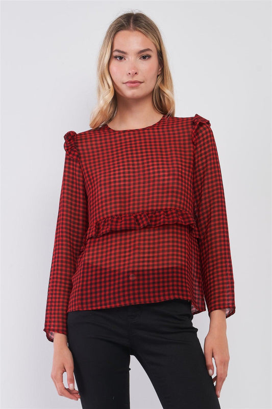 Red & Black Sheer Buffalo Check Print Long Sleeve Ruffle Trim Round Neck Blouse Top /1-2-2-1