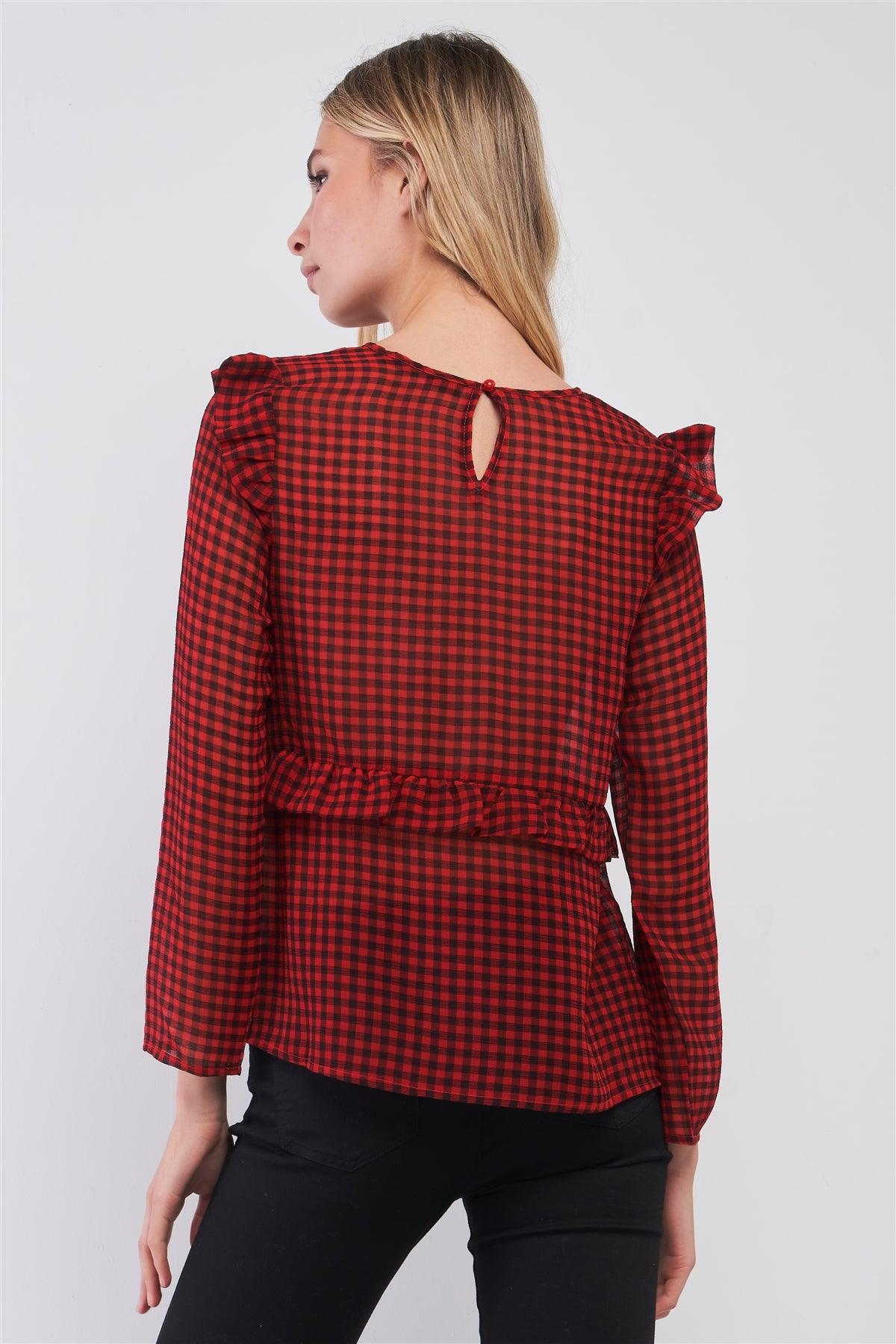 Red & Black Sheer Buffalo Check Print Long Sleeve Ruffle Trim Round Neck Blouse Top /1-2-2-1