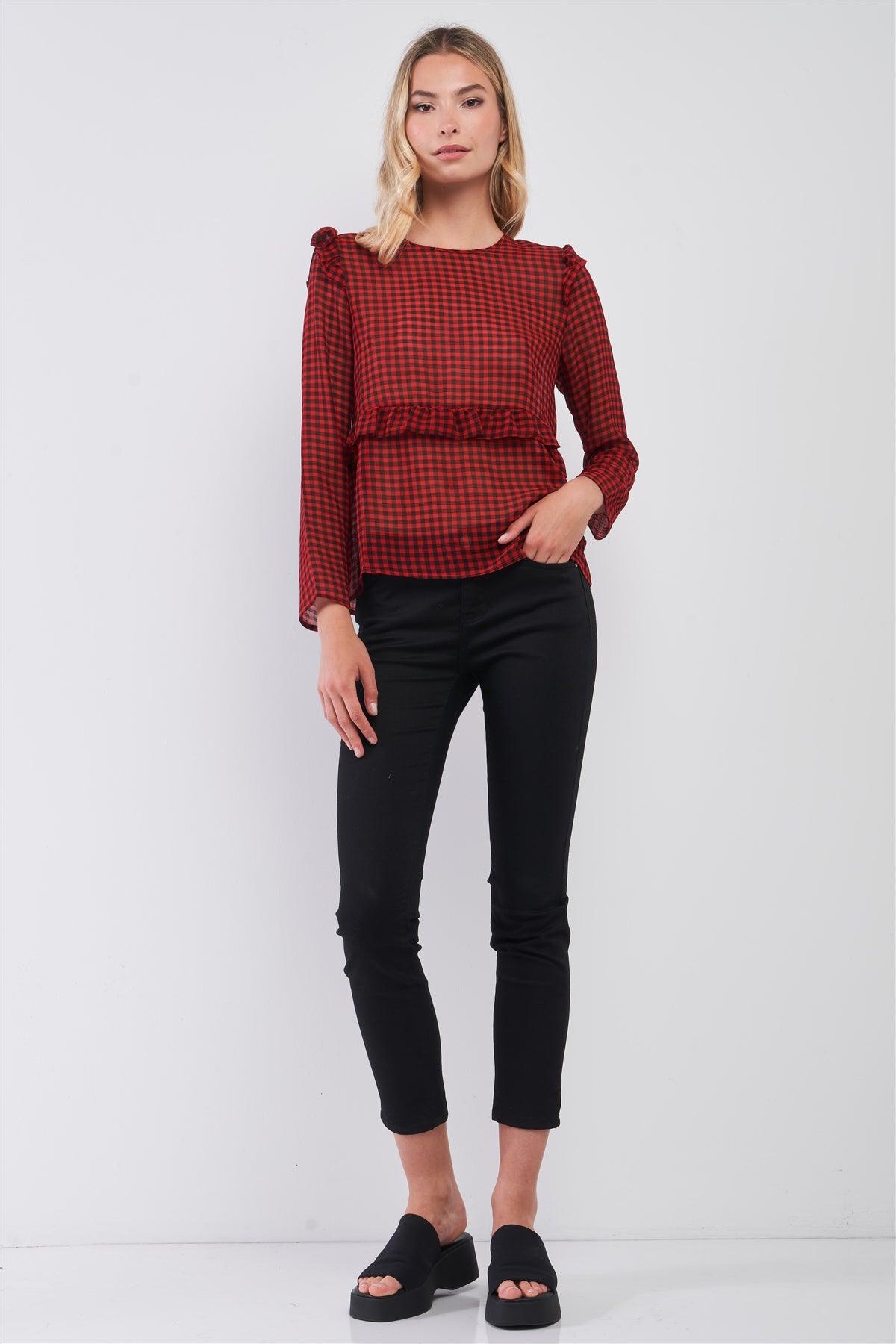 Red & Black Sheer Buffalo Check Print Long Sleeve Ruffle Trim Round Neck Blouse Top /1-2-2-1