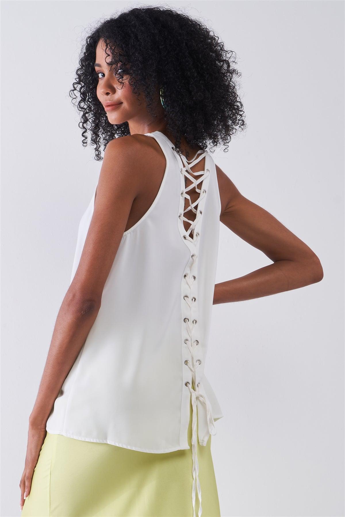 Off-White Sleeveless Round Neck Self-Tie Lace-Up Back Detail Babydoll Top /1-2-2-1