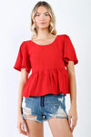 Red Flare Sleeve & Hem Back Button Up Detail Top /1-2-2-1